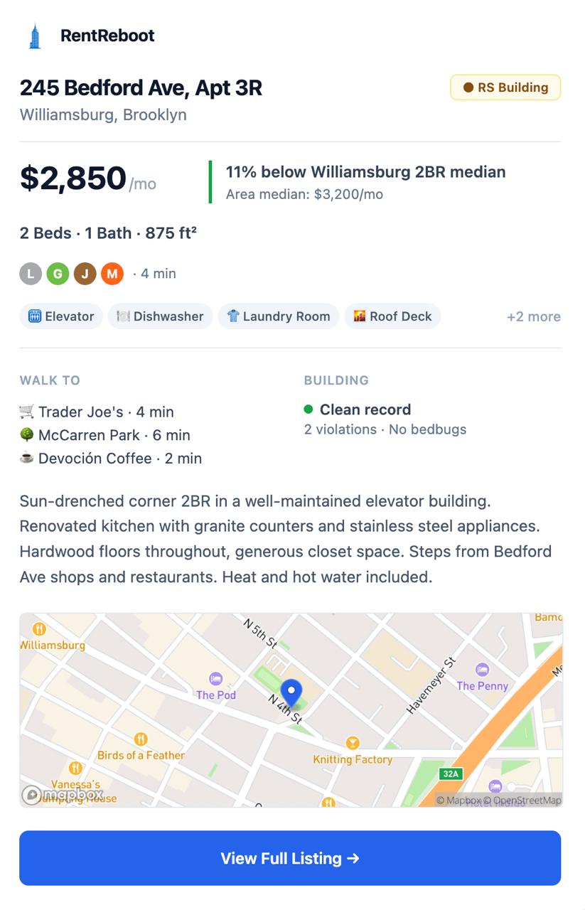 RentReboot listing alert for 245 Bedford Ave