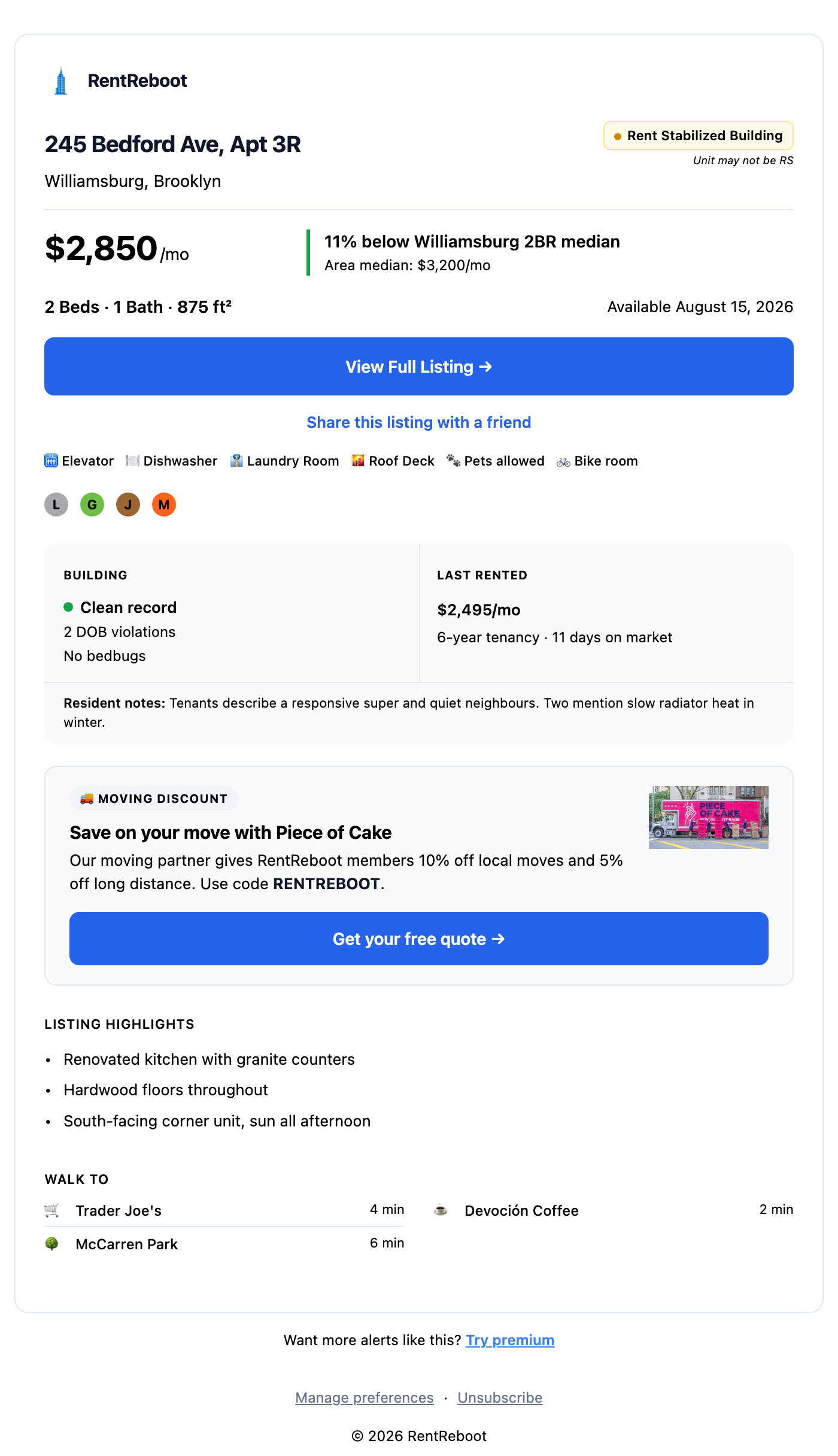 A RentReboot apartment alert email for a rent-stabilized two bedroom in Williamsburg, showing a sponsored Piece of Cake moving discount card between the listing details and the description.