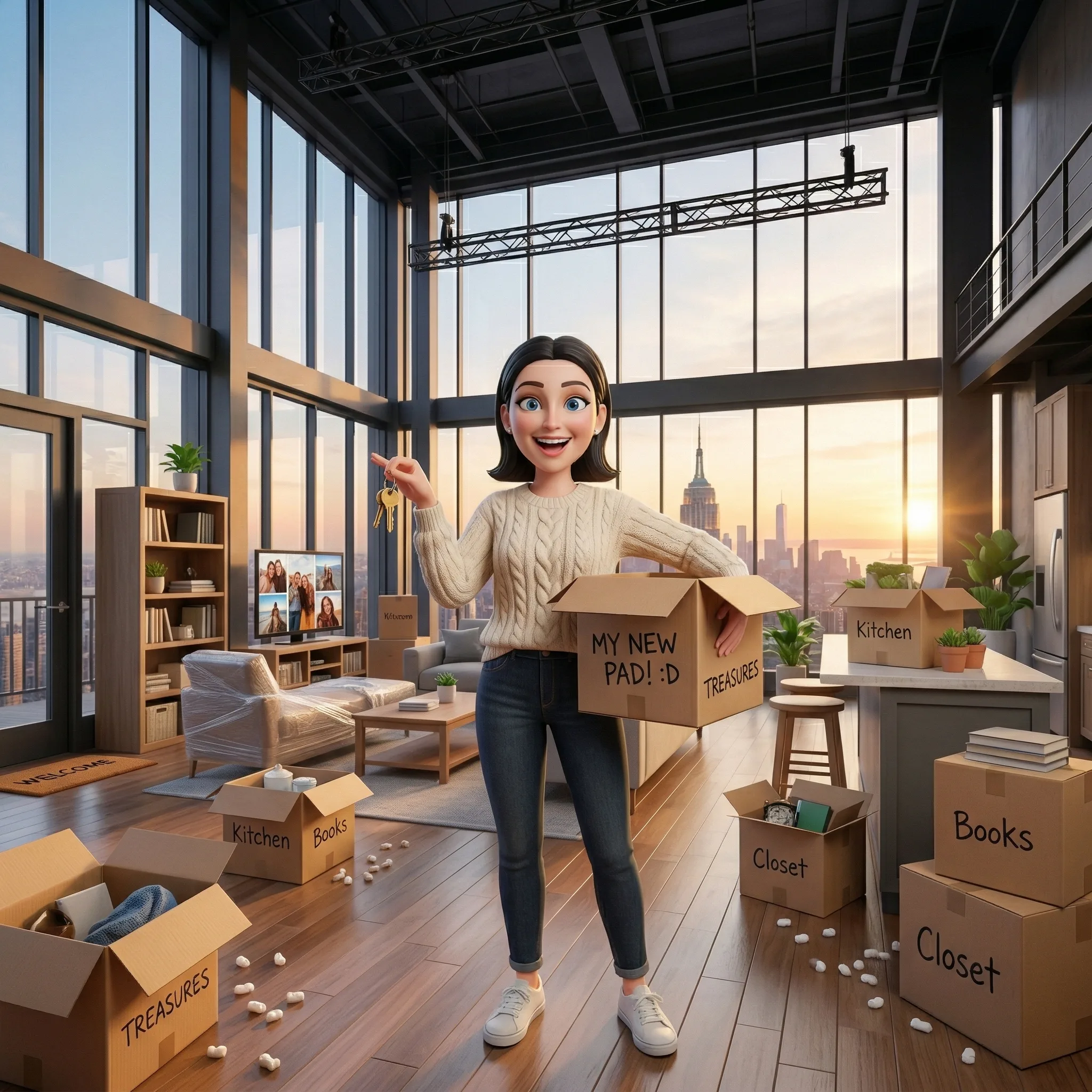 Illustrated person happily moving into a bright, spacious NYC high-rise apartment with keys in hand.