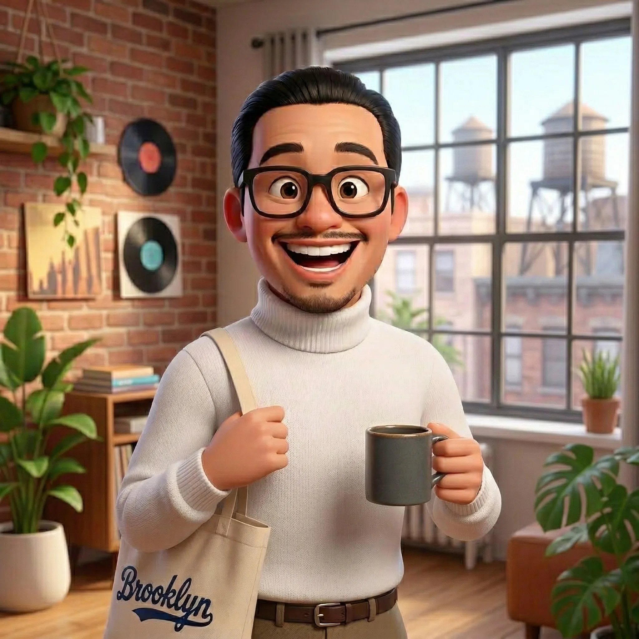 Illustrated person standing happily in a bright, cozy Brooklyn apartment near the L train.