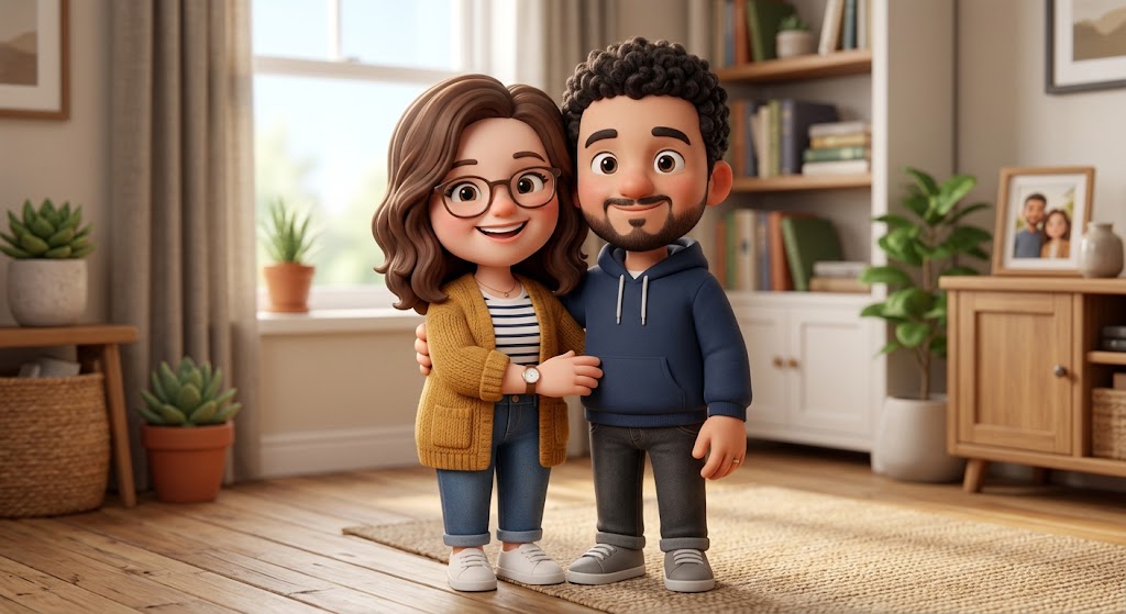 Illustrated couple standing together in their new apartment living room.
