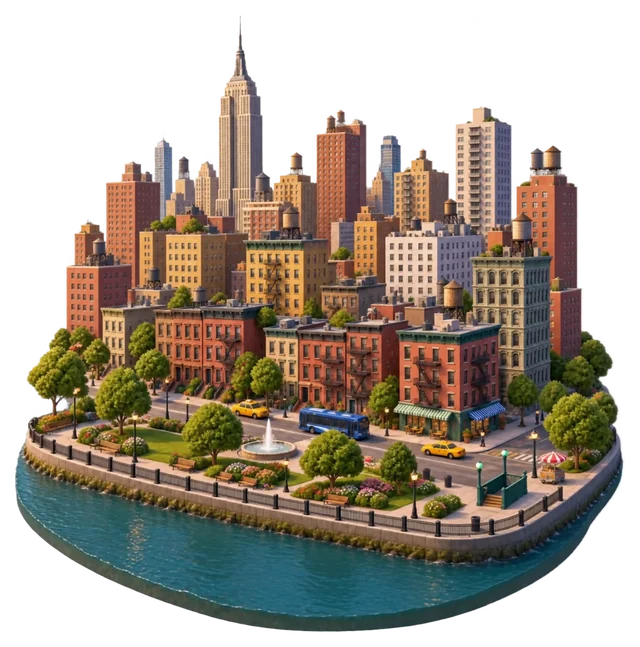 Illustration of a dense Manhattan riverside neighborhood: rows of brick apartment buildings with fire escapes and water towers rising to a skyline topped by the Empire State Building, brownstones, a riverside park with a fountain, a subway entrance, taxis, a bus and an NYC Ferry on the river