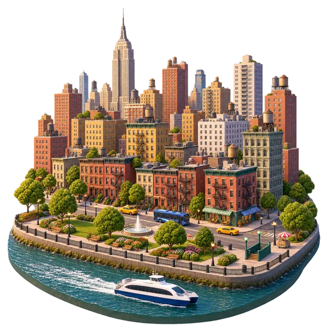 Illustration of a dense Manhattan riverside neighborhood: rows of brick apartment buildings with fire escapes and water towers rising to a skyline topped by the Empire State Building, brownstones, a riverside park with a fountain, a subway entrance, taxis, a bus and an NYC Ferry on the river