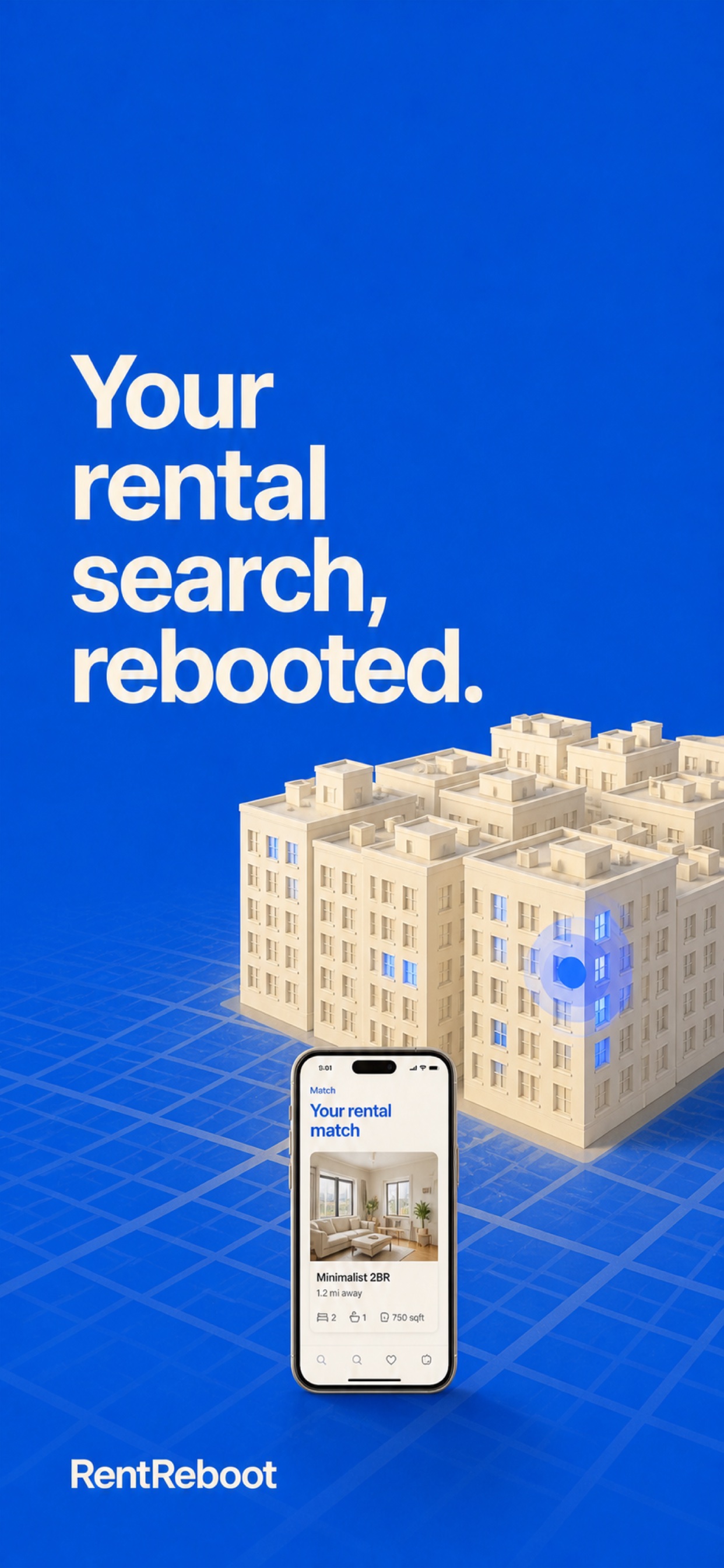 Blue RentReboot App Store creative reading Your rental search, rebooted
