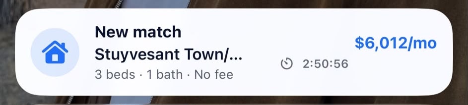 RentReboot Priority Live Alert on the Lock Screen showing a new Stuyvesant Town match