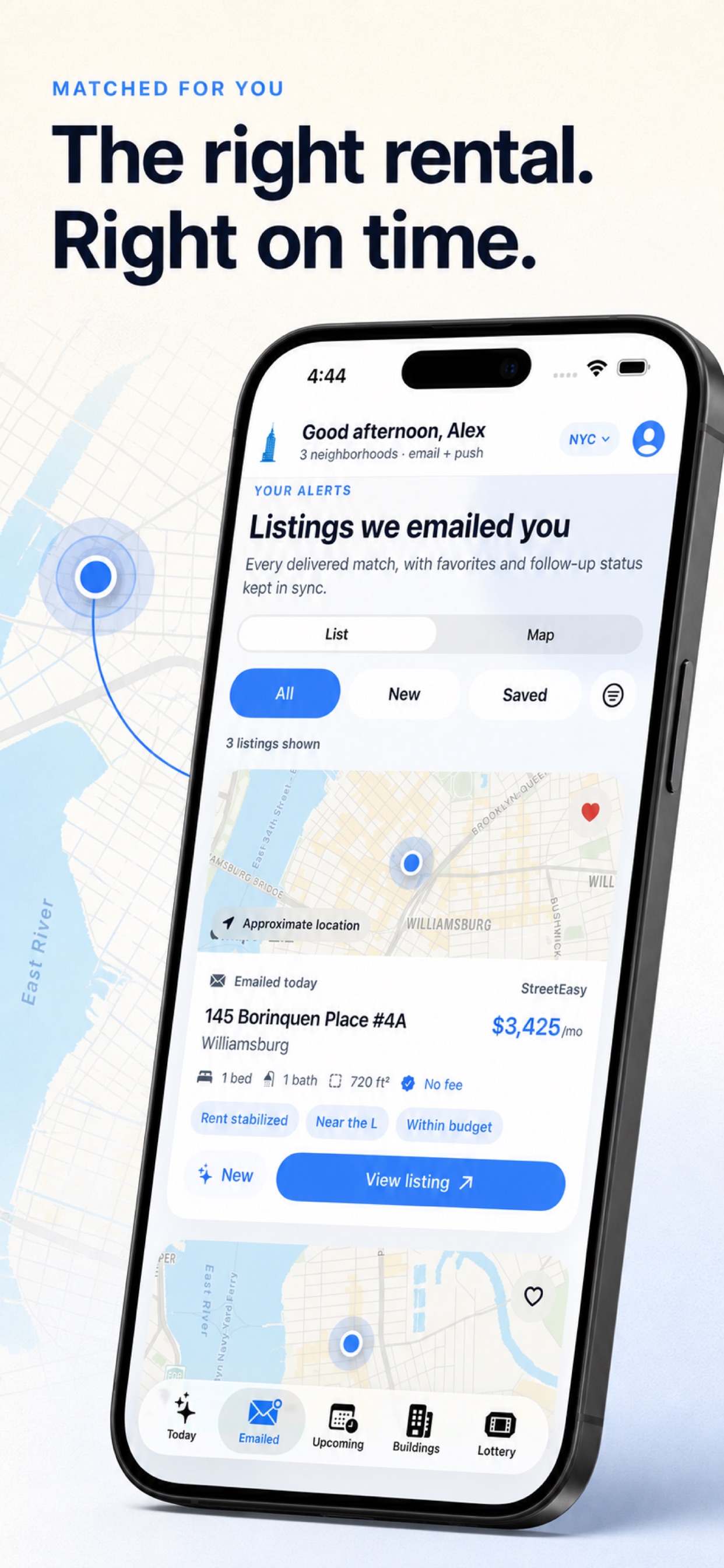 RentReboot iPhone app showing a matched apartment alert on a map